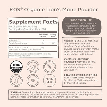 KOS Organic Lion's Mane Powder - Vegan Nootropic, USDA Certified, 104 Servings