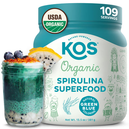 KOS Organic Spirulina Powder - USDA Organic, Non-Irradiated, 109 Servings, Vegan
