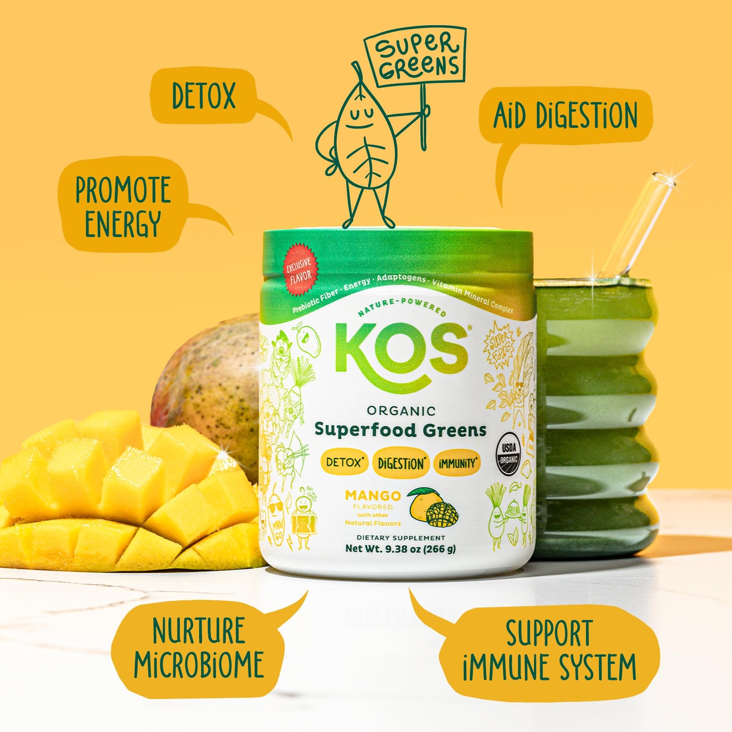 KOS Organic Superfood Greens Powder Mango – 28 Servings, Gut Health & Prebiotic Fiber