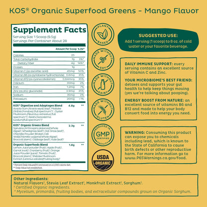 KOS Organic Superfood Greens Powder Mango – 28 Servings, Gut Health & Prebiotic Fiber