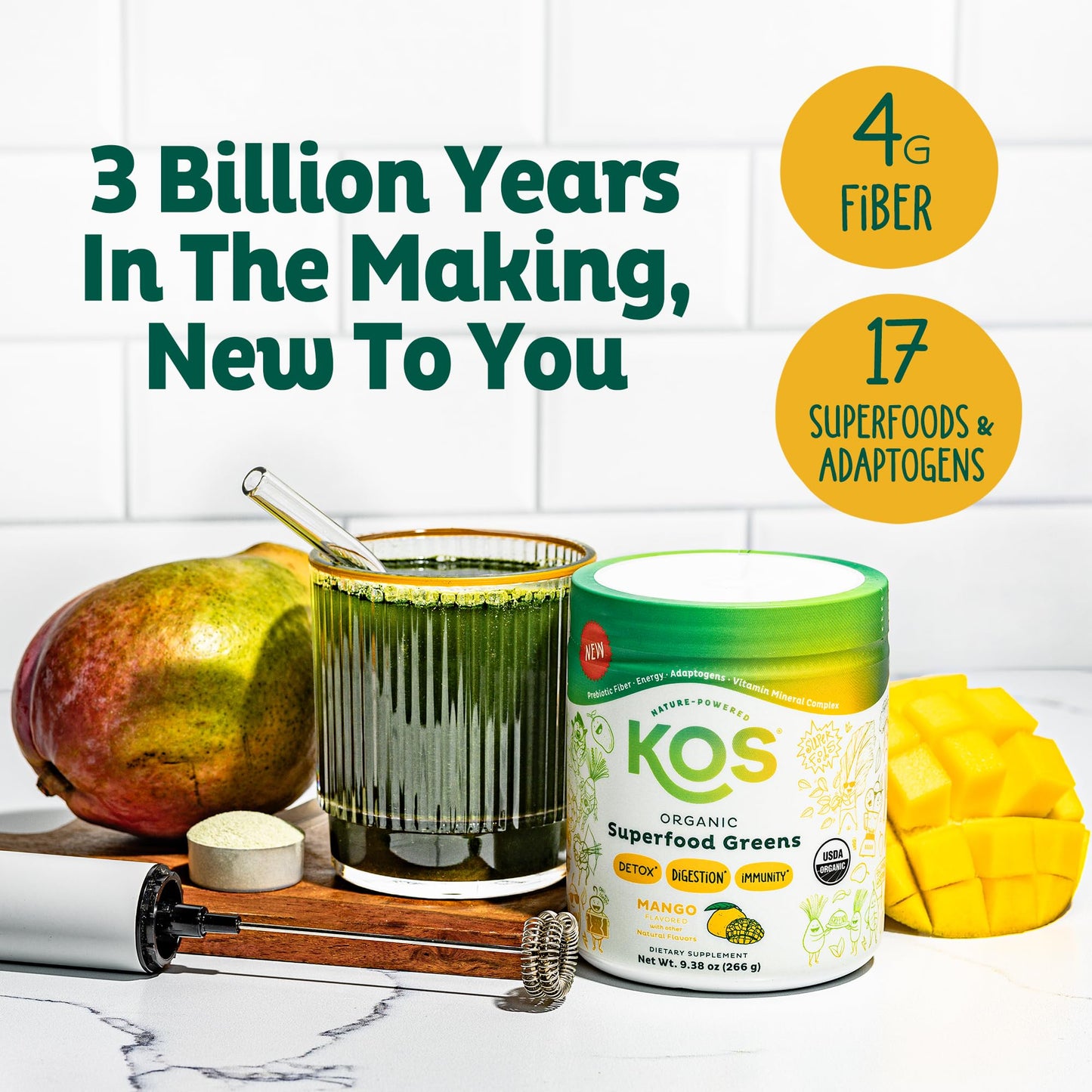 KOS Organic Superfood Greens Powder Mango – 28 Servings, Gut Health & Prebiotic Fiber