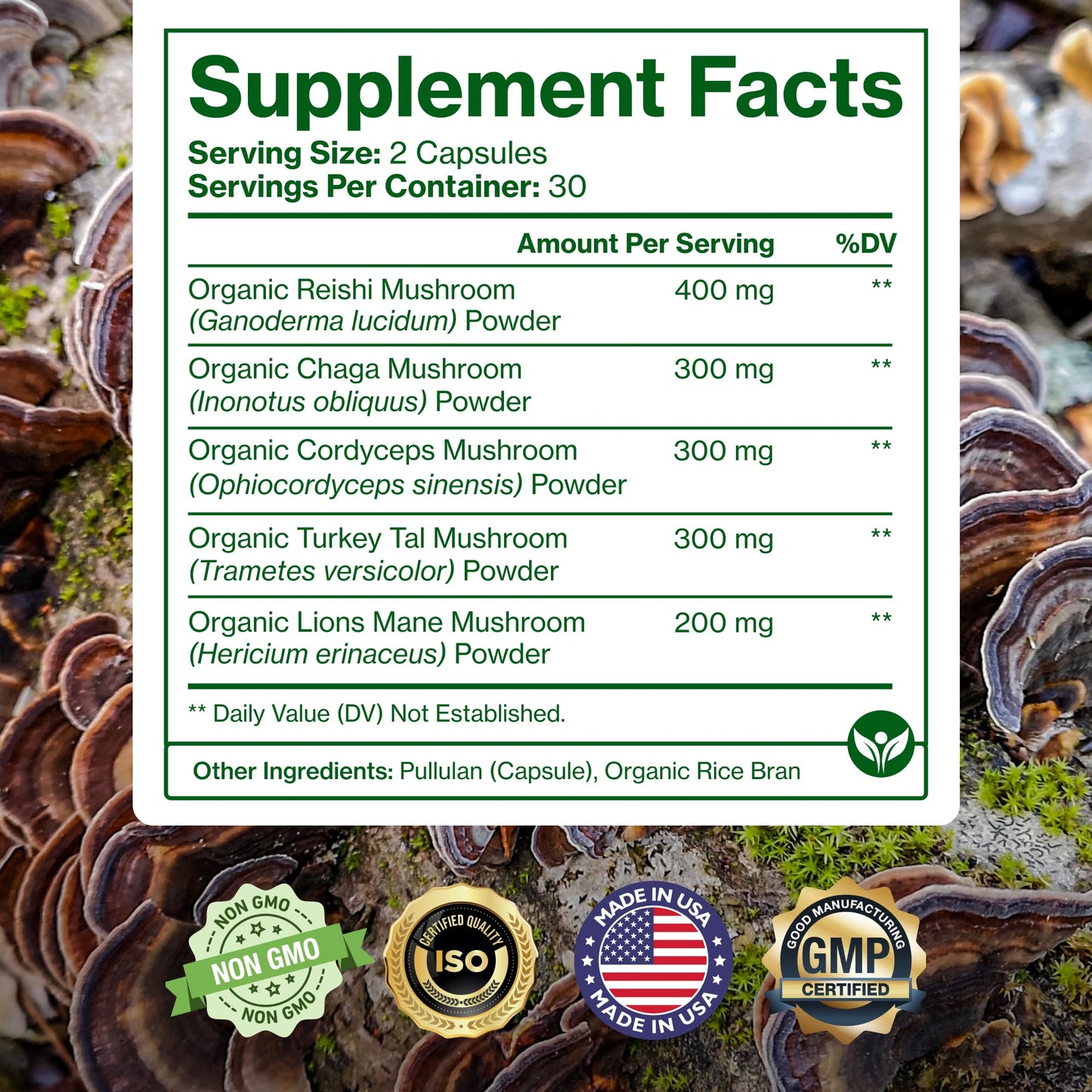 Pure Micronutrients Organic Mushroom Supplement - Immune Support, Nootropic Brain Memory, Focus & Energy - Lions Mane, Reishi, Chaga, Cordyceps & Turkey Tail - 60 Vegan, USA Grown