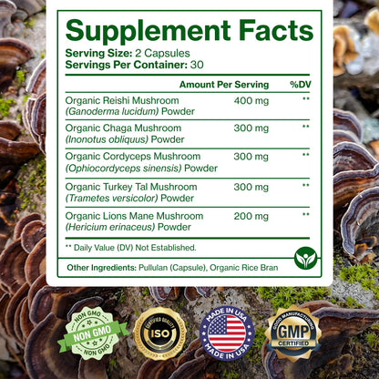 Pure Micronutrients Organic Mushroom Supplement - Immune Support, Nootropic Brain Memory, Focus & Energy - Lions Mane, Reishi, Chaga, Cordyceps & Turkey Tail - 60 Vegan, USA Grown