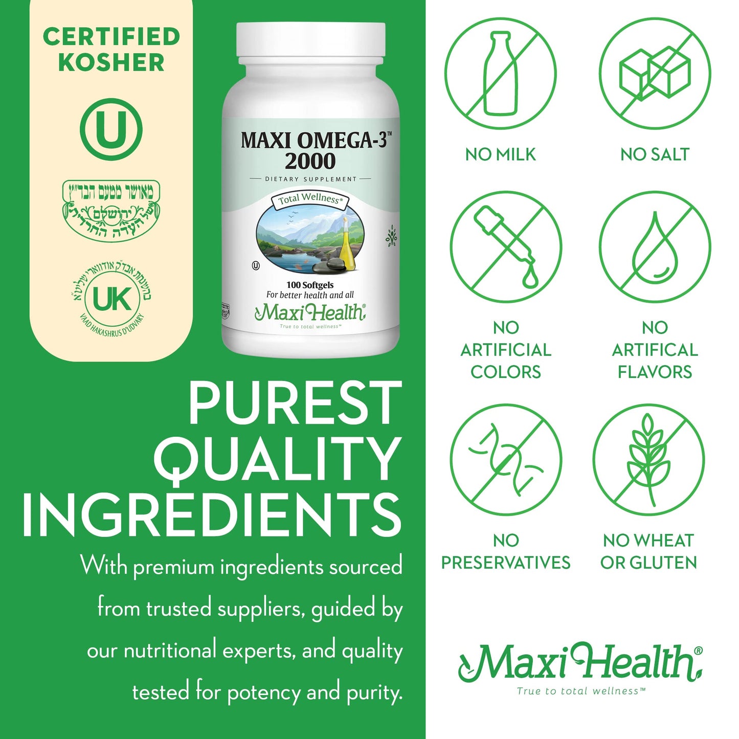 Maxi Health Omega 3 2000mg - Triple Strength Fish Oil with No Fishy Aftertaste | Kosher, 100 Softgels