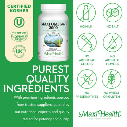 Maxi Health Omega 3 2000mg - Triple Strength Fish Oil with No Fishy Aftertaste | Kosher, 100 Softgels