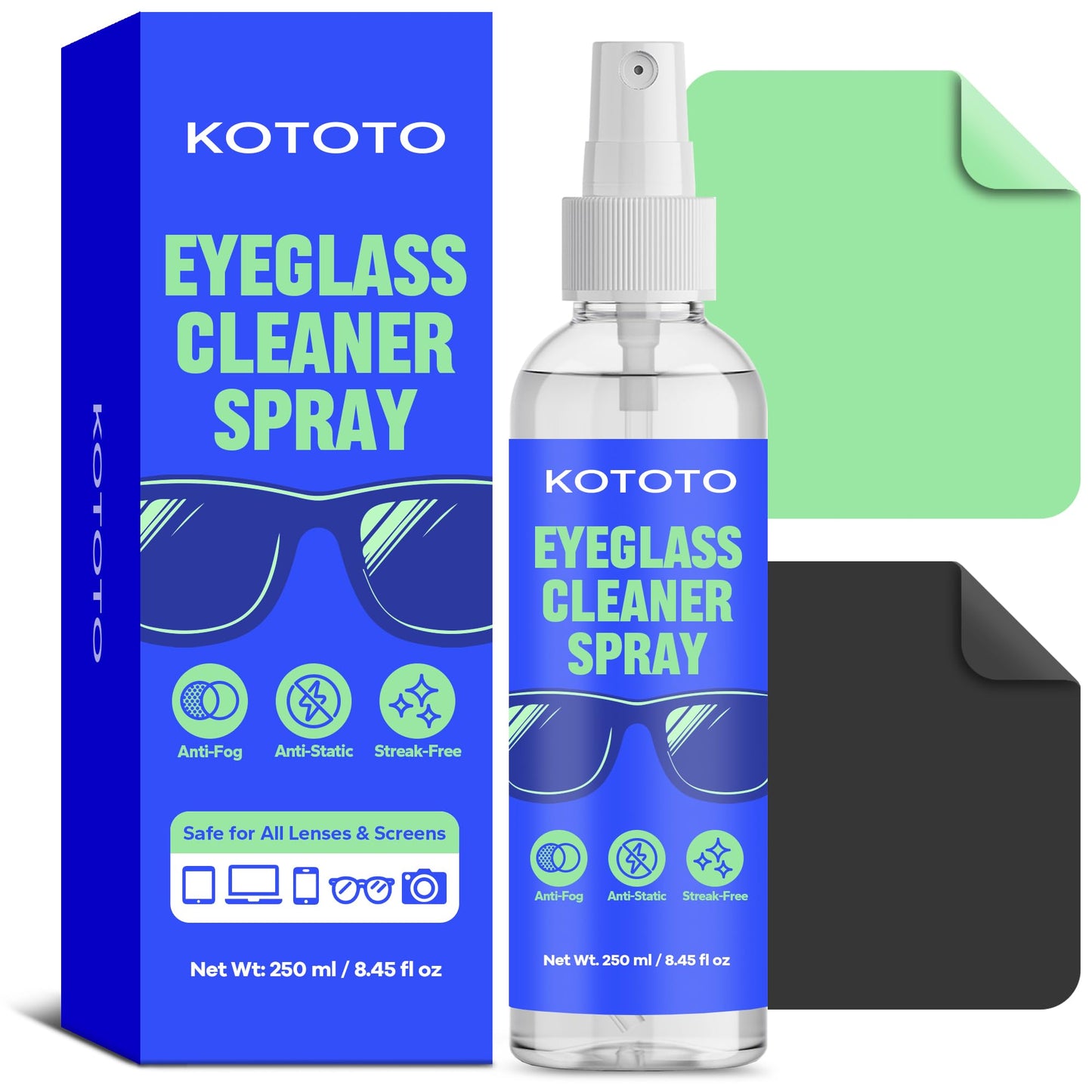 Kototo Eyeglass Cleaner Spray Kit – Streak-Free, Anti-Static Cleaner for Glasses, Screens & Lenses | 2-Pack with Microfiber Cloths