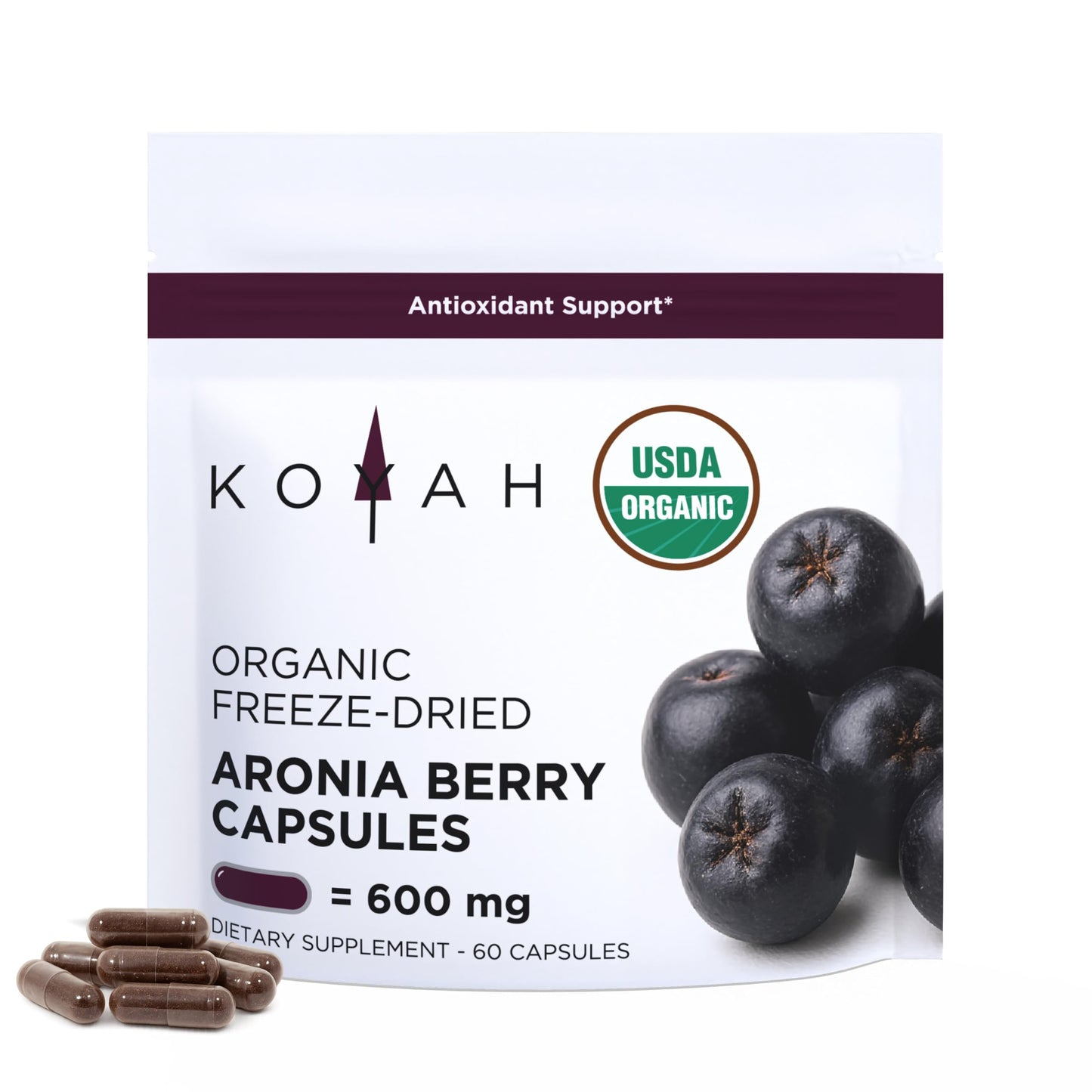 KOYAH Organic Aronia Berry Capsules | Freeze-Dried Whole-Berry 600 mg | Vegan, Gluten-Free, Non-GMO | 60 Caps