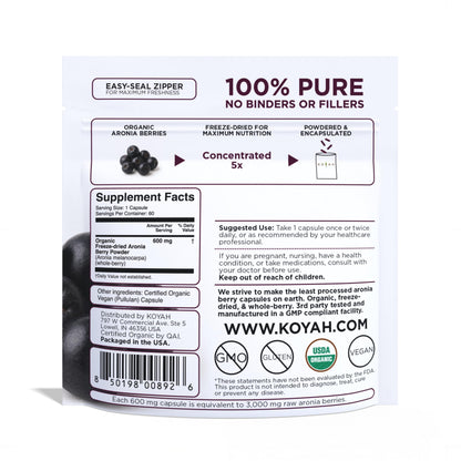 KOYAH Organic Aronia Berry Capsules | Freeze-Dried Whole-Berry 600 mg | Vegan, Gluten-Free, Non-GMO | 60 Caps