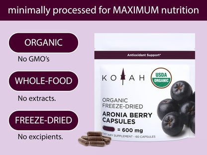 KOYAH Organic Aronia Berry Capsules | Freeze-Dried Whole-Berry 600 mg | Vegan, Gluten-Free, Non-GMO | 60 Caps