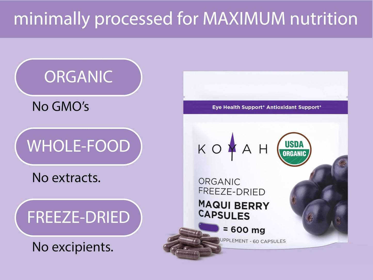 KOYAH Organic Maqui Berry Capsules – Freeze-Dried, 600 mg, 60 Capsules | Vegan, Gluten-Free, Non-GMO