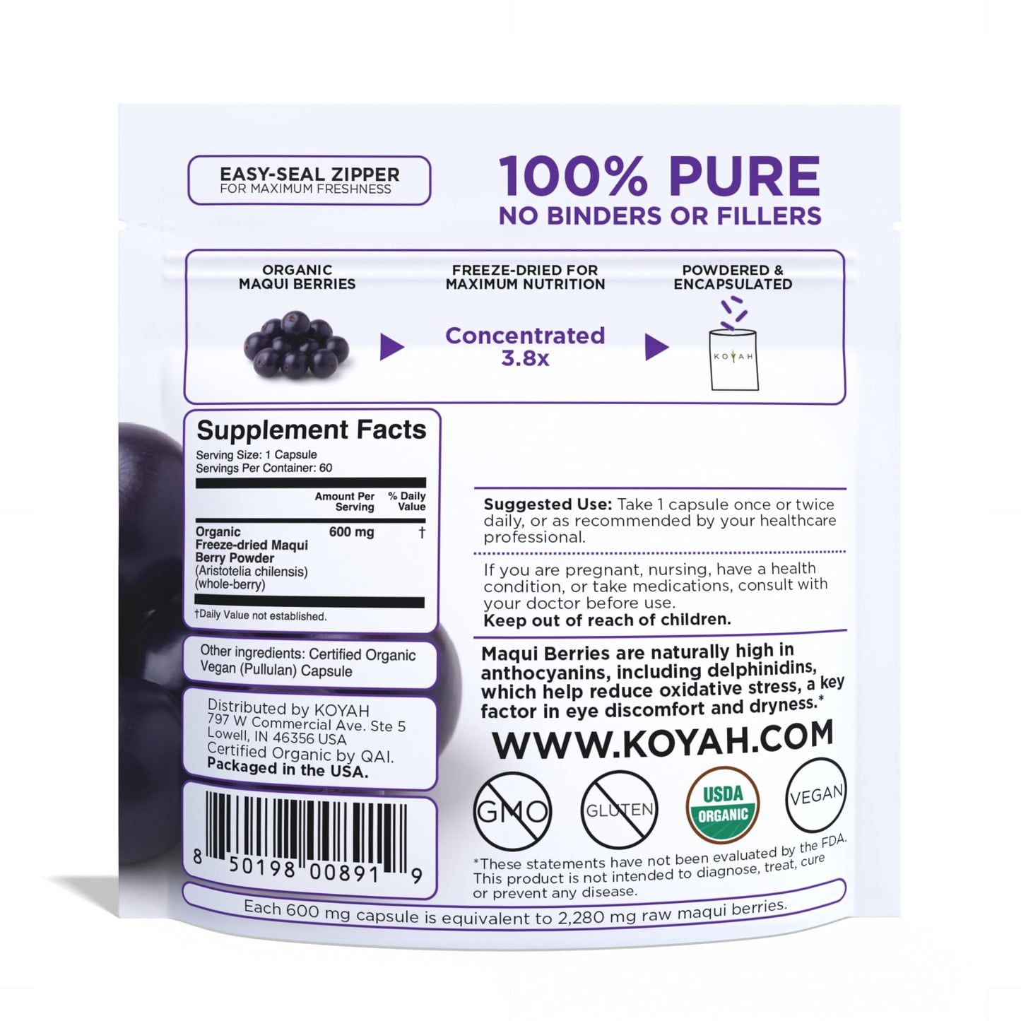 KOYAH Organic Maqui Berry Capsules – Freeze-Dried, 600 mg, 60 Capsules | Vegan, Gluten-Free, Non-GMO