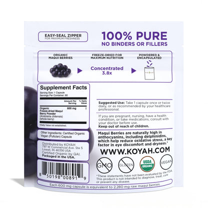 KOYAH Organic Maqui Berry Capsules – Freeze-Dried, 600 mg, 60 Capsules | Vegan, Gluten-Free, Non-GMO