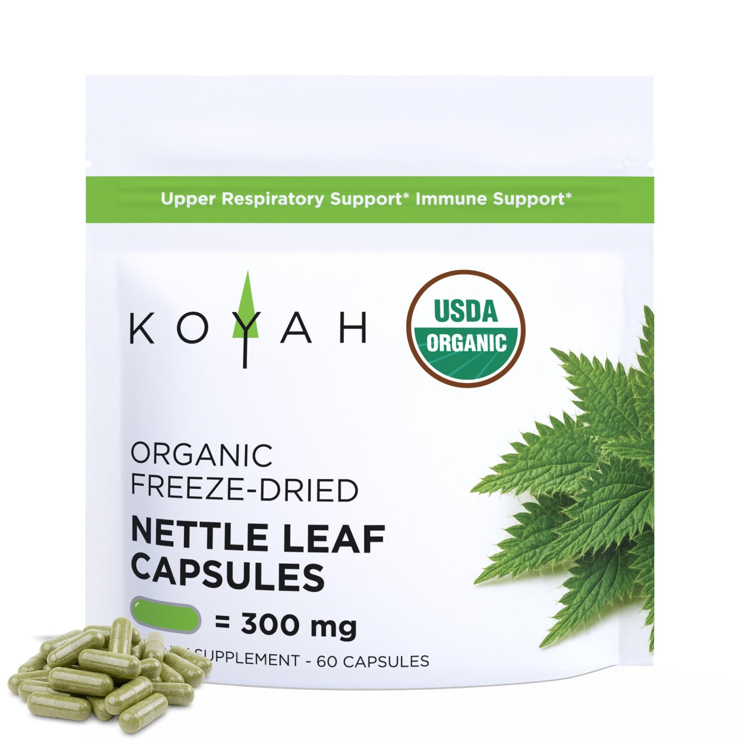 KOYAH Organic Stinging Nettle Leaf Capsules – Freeze-Dried 300 mg (2,400 mg Fresh) – Immune & Respiratory Support – 60 Capsules