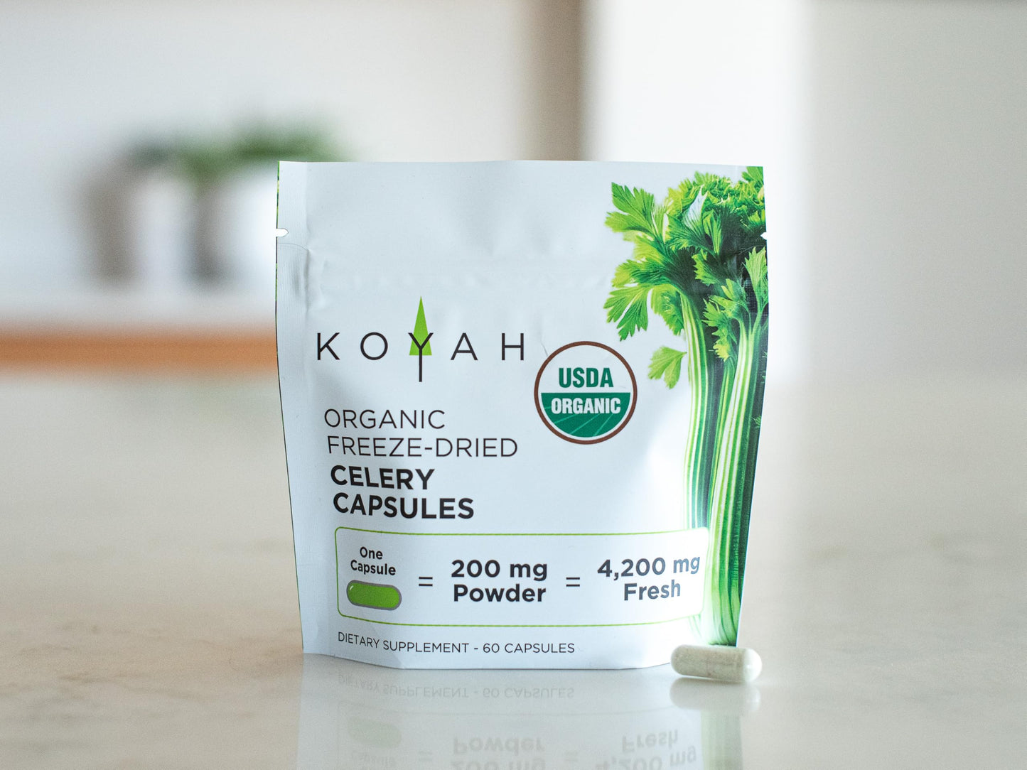 KOYAH Organic Celery Capsules – 200 mg Freeze-Dried Whole-Stalk Powder | 60 Vegan Capsules | USDA Organic