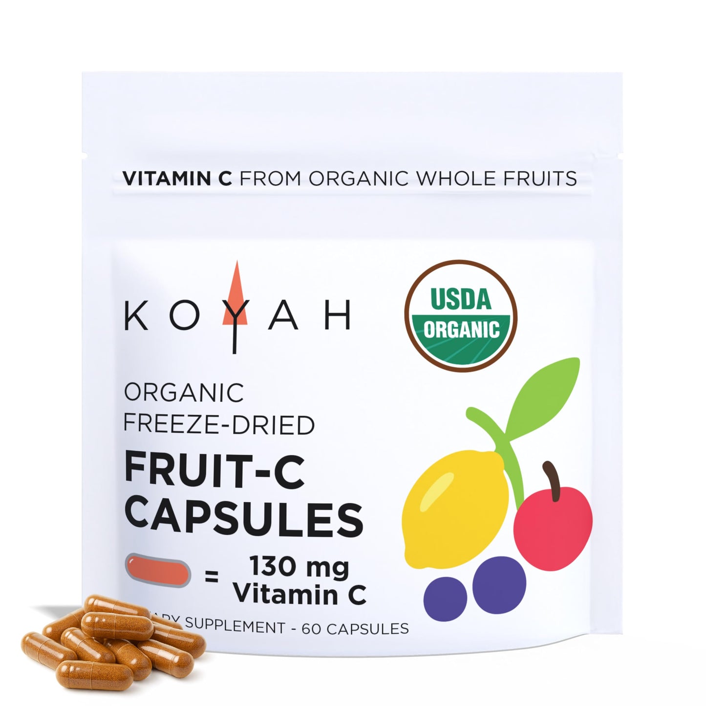KOYAH Organic Vitamin C Capsules – Acerola Cherries, 100% Whole-Fruit, 130 mg, Freeze-Dried, 60 Caps, Vegan
