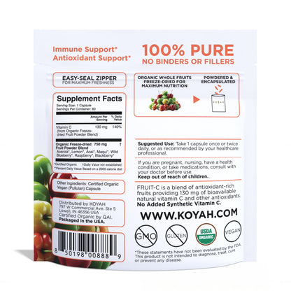 KOYAH Organic Vitamin C Capsules – Acerola Cherries, 100% Whole-Fruit, 130 mg, Freeze-Dried, 60 Caps, Vegan