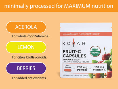 KOYAH Organic Vitamin C Capsules – Acerola Cherries, 100% Whole-Fruit, 130 mg, Freeze-Dried, 60 Caps, Vegan