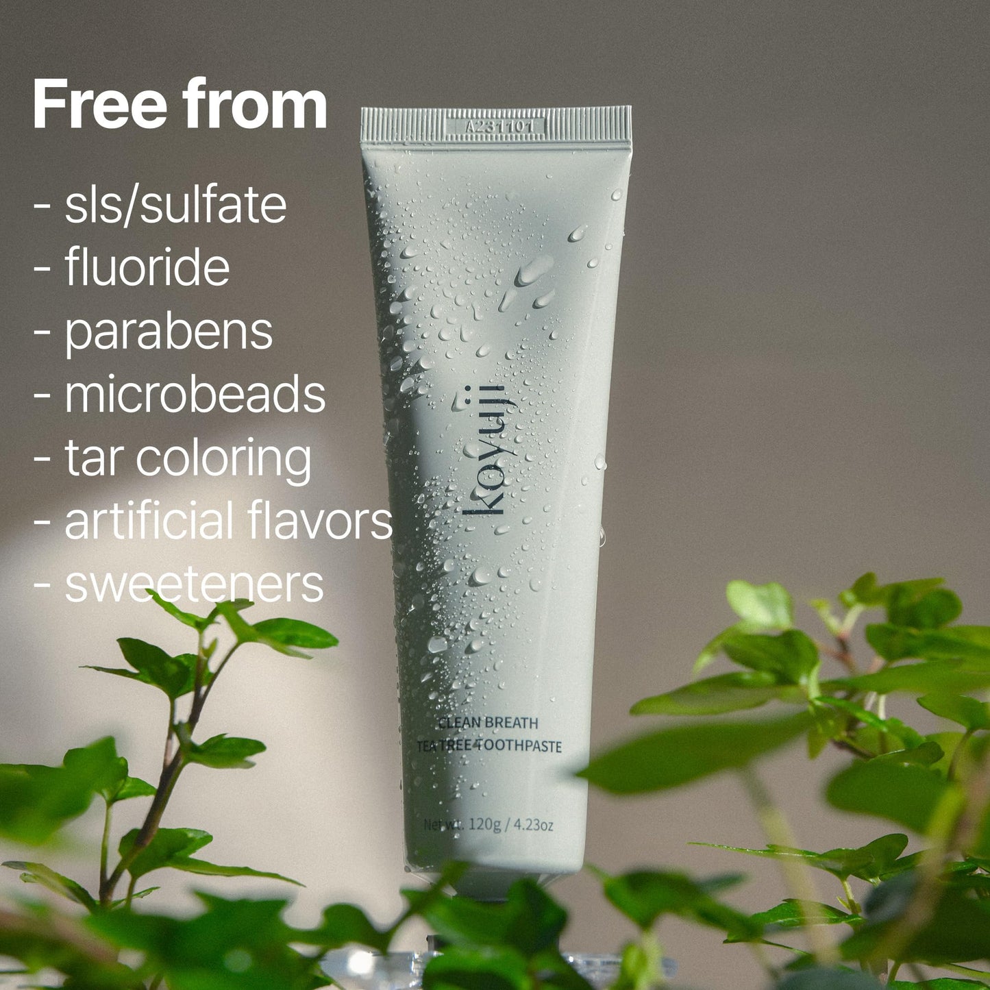 Koyuji Clean Breath Tea Tree Toothpaste - Fluoride Free, SLS Free, Foamless, Vegan | Natural Breath Care
