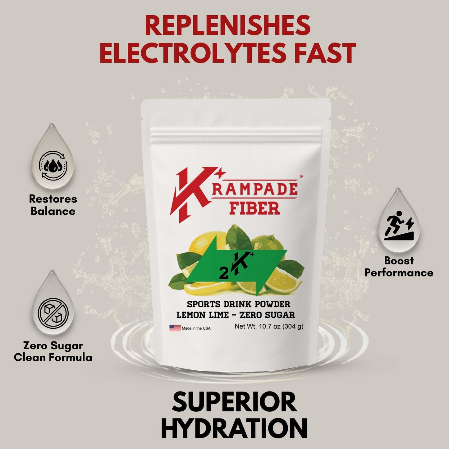 Krampade Fiber Supplement Electrolytes Powder – 9g Prebiotic Fiber + 2000mg Potassium | Cramp Relief & Hydration