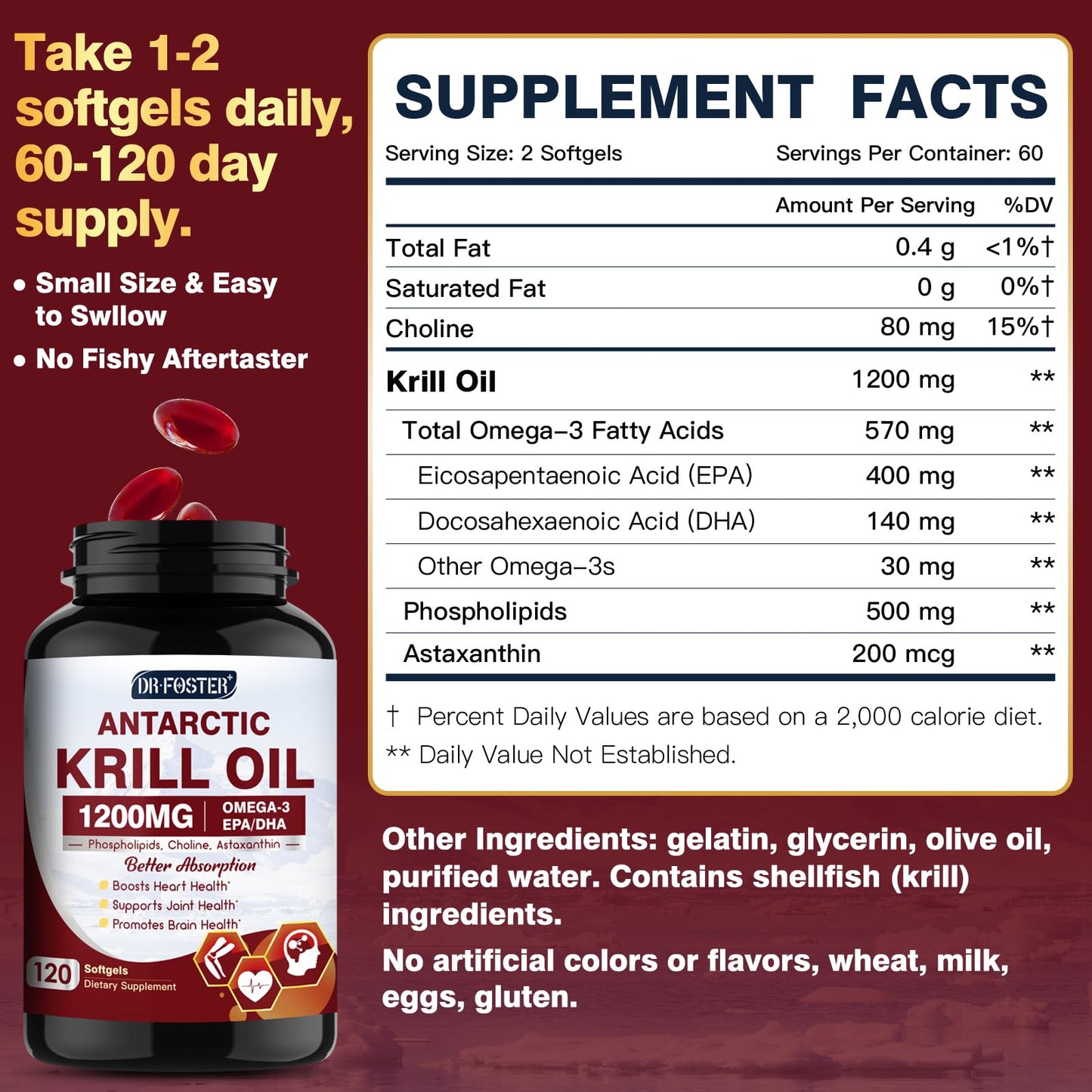 Krill Oil 1200mg – Antarctic Krill Oil Omega-3 with EPA/DHA, Astaxanthin, Phospholipids | 120 Softgels