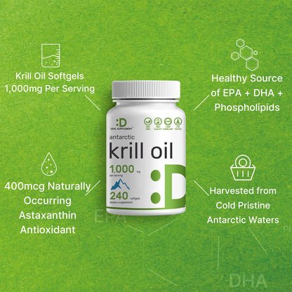 Antarctic Krill Oil 1,000mg – 240 Softgels | Mercury Free, No Fishy Taste | Omega-3 EPA/DHA