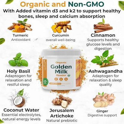 Organic Golden Milk Powder (Leche Dorada organica) with Turmeric, Ginger, Curcumin, Cinnamon, KSM66 Ashwagandha, Tulsi & Natural Prebiotics – Delicious Vegan-Friendly, Unsweetened Turmeric Tea Latte