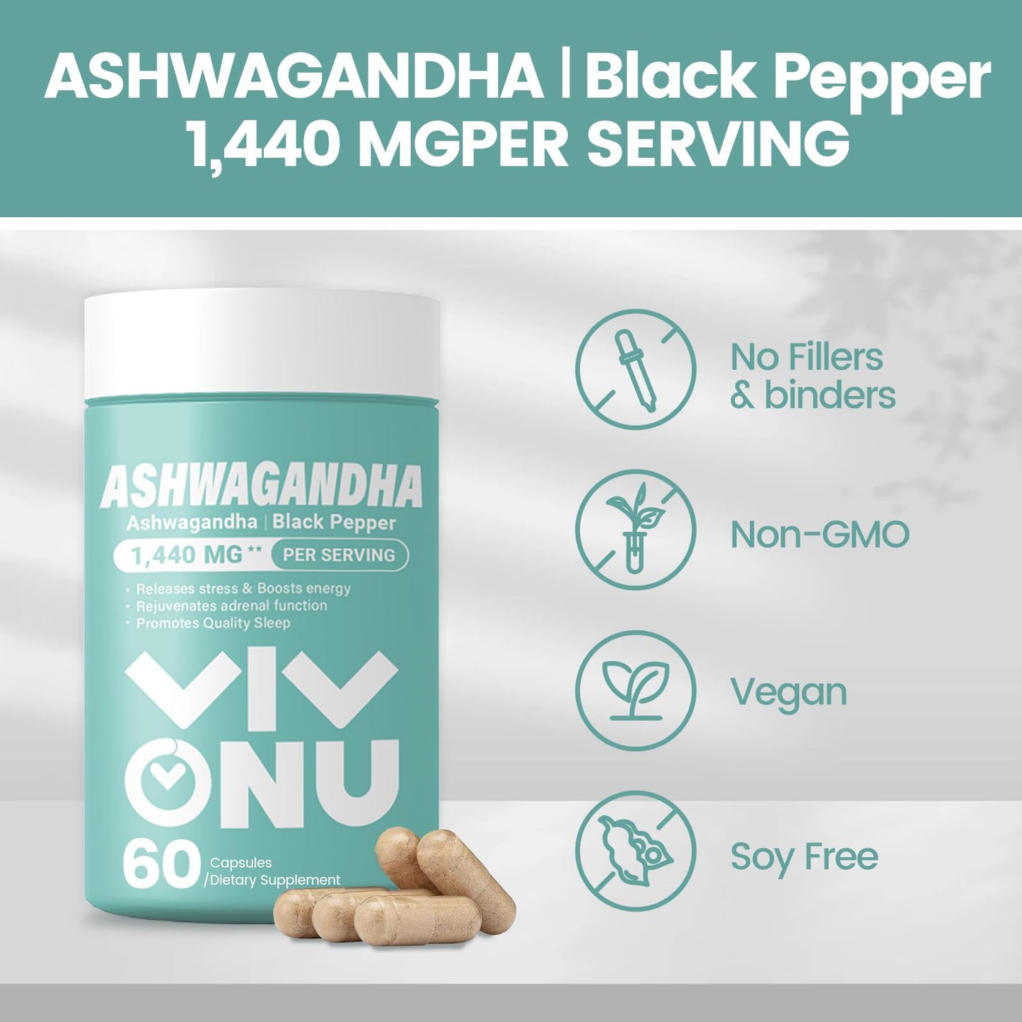 VivoNu Ashwagandha Vegan Capsules – KSM-66, Black Pepper, 60 Count