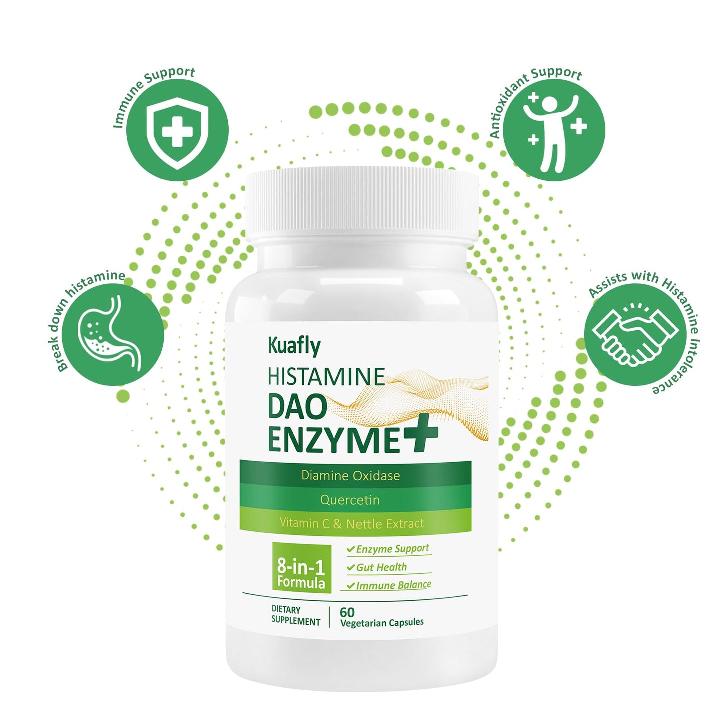 KUAFLY DAO Supplements Histamine Blocker – DAO Enzyme + Diamine Oxidase & Quercetin, Immortelle, Vitamin C for Gut Health and Food Support 60 Capsules