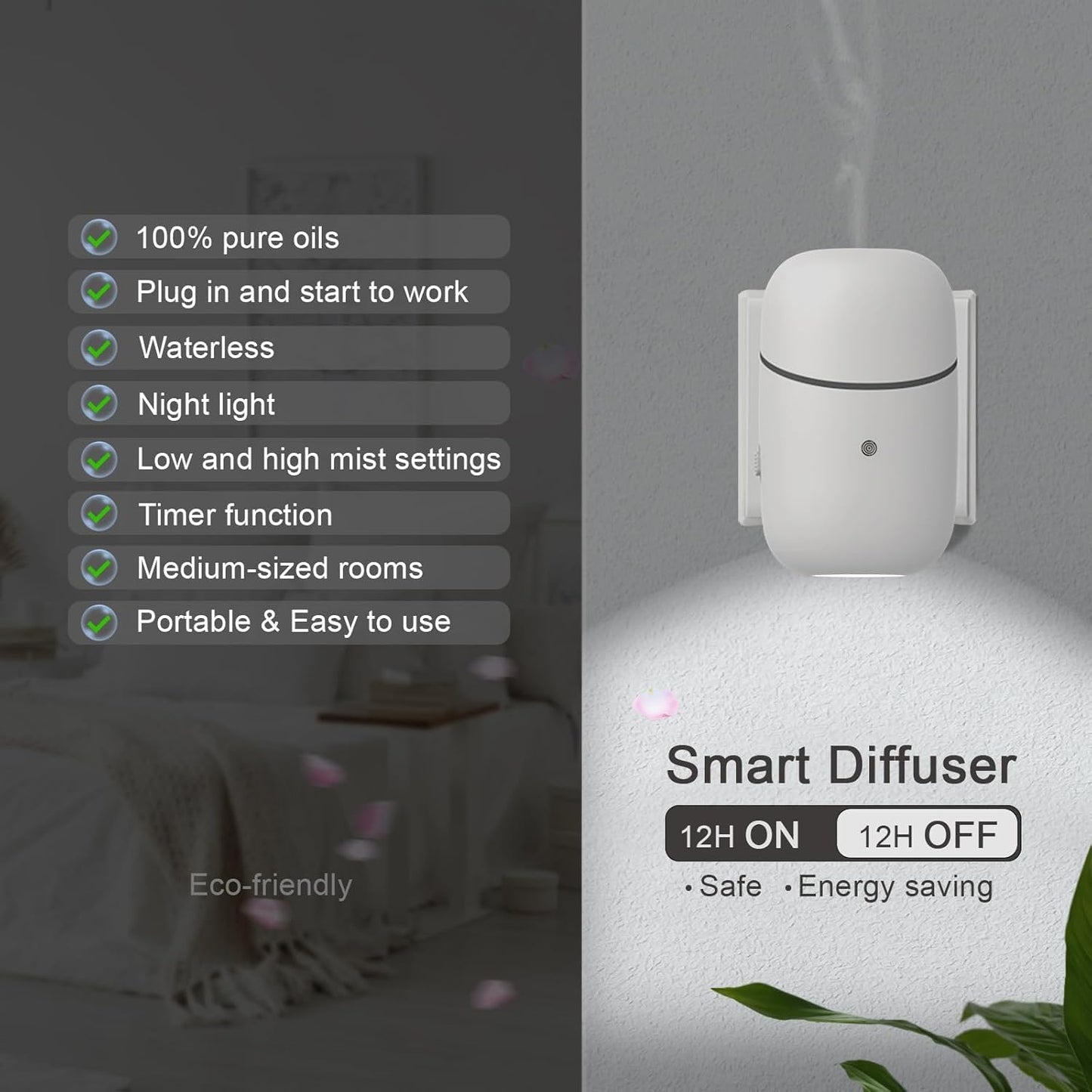 Kuandawei Plug-in Waterless Diffuser – 500 Sq Ft Coverage, Wall-Mount Essential Oil Diffuser for Home, Office, Hotel