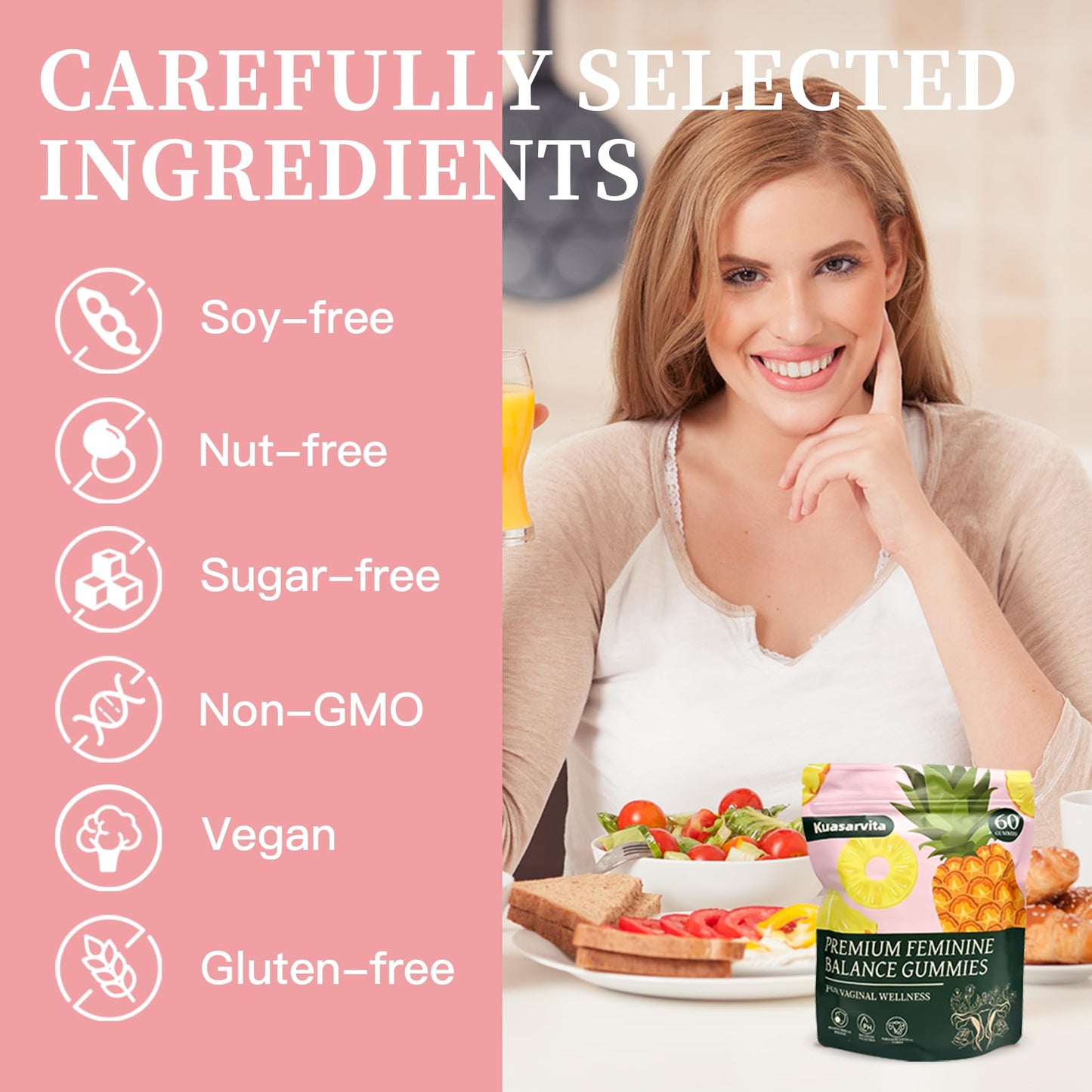 Kuasarvita Premium Vaginal Probiotics Gummies – pH Balance, Pineapple, Sugar-Free (60 Gummies)