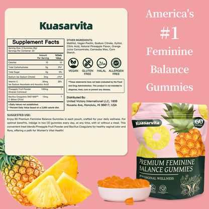 Kuasarvita Premium Vaginal Probiotics Gummies – pH Balance, Pineapple, Sugar-Free (60 Gummies)