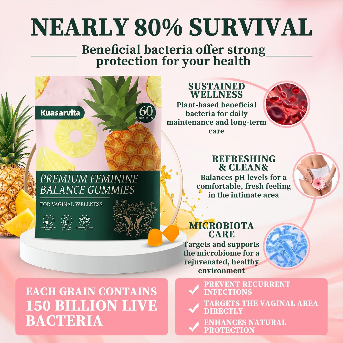 Kuasarvita Premium Vaginal Probiotics Gummies – pH Balance, Pineapple, Sugar-Free (60 Gummies)