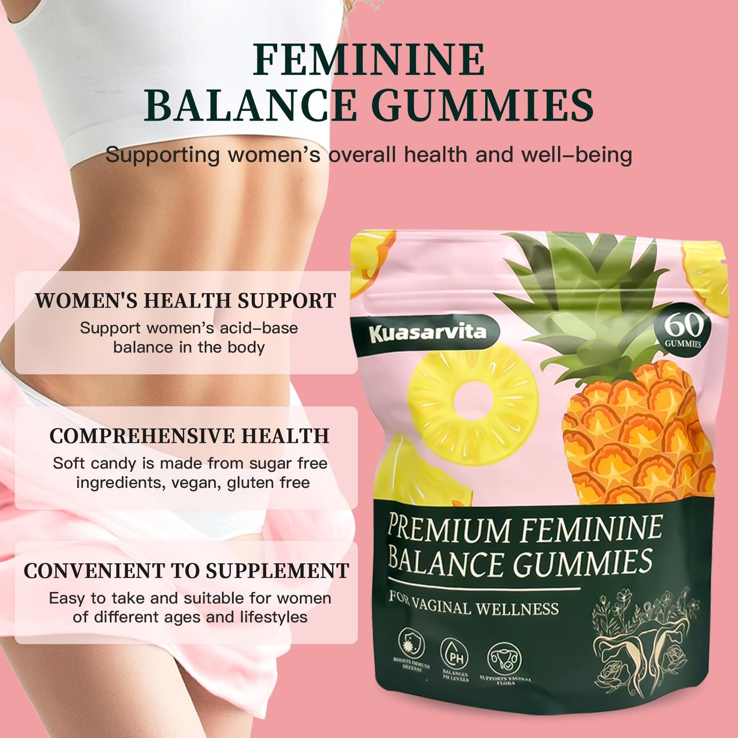 Kuasarvita Premium Vaginal Probiotics Gummies – pH Balance, Pineapple, Sugar-Free (60 Gummies)
