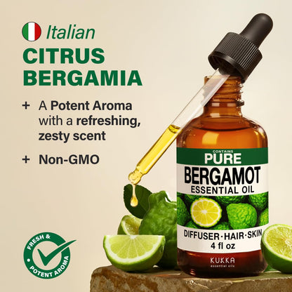 KUKKA Bergamot Essential Oil 4 Oz – Hair, Skin, Diffuser, Aromatherapy & Soap Making