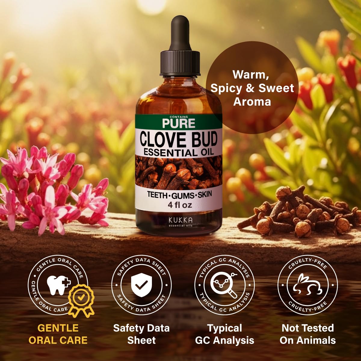 KUKKA Clove Essential Oils - 4 Fl Oz - for Hair, Skin, Diffuser, Aromatherapy & DIY Soap Making Scent