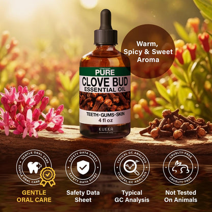 KUKKA Clove Essential Oils - 4 Fl Oz - for Hair, Skin, Diffuser, Aromatherapy & DIY Soap Making Scent