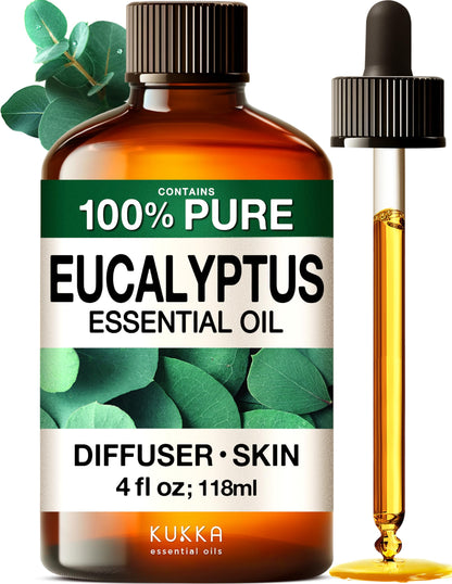 KUKKA Eucalyptus Essential Oil 4 oz | Diffuser, Hair & Skin Care, Aromatherapy & DIY Soap