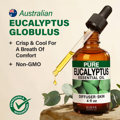KUKKA Eucalyptus Essential Oil 4 oz | Diffuser, Hair & Skin Care, Aromatherapy & DIY Soap