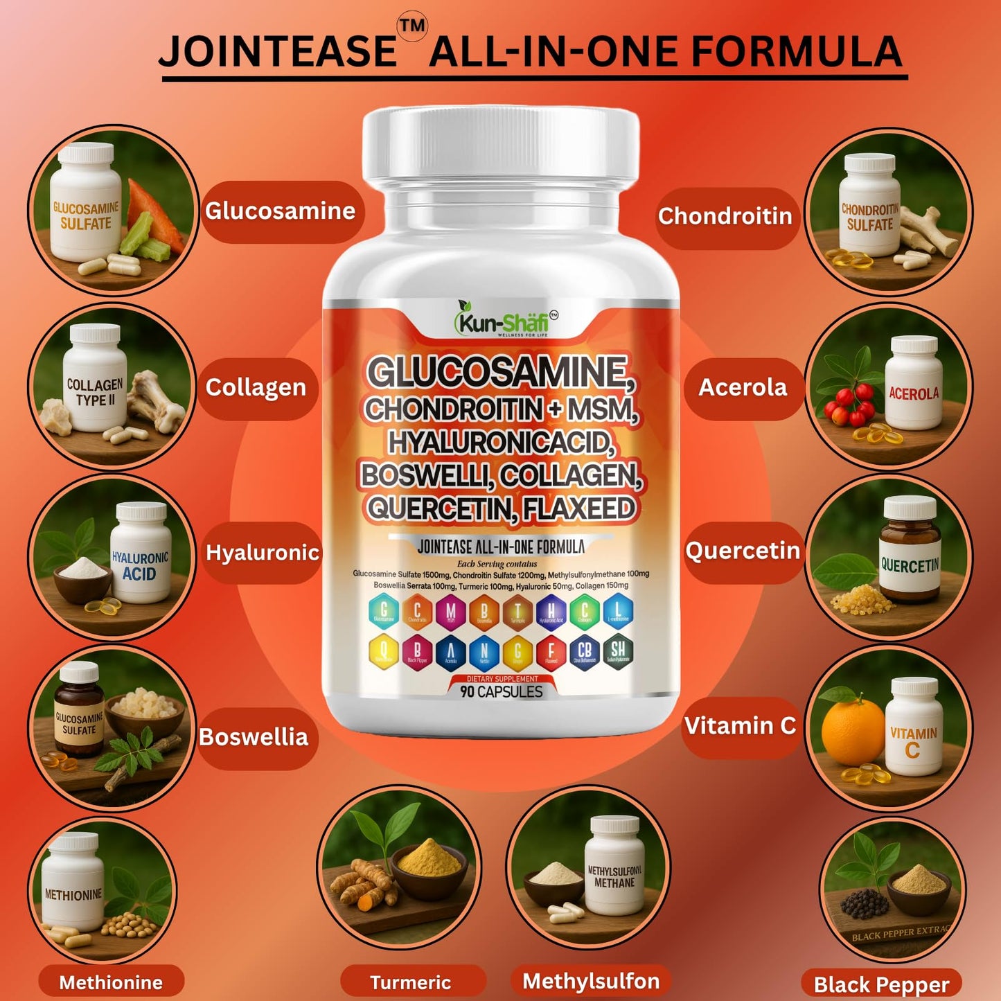 Kun Shafi JointEase – Glucosamine Chondroitin MSM with Hyaluronic Acid (90 ct)