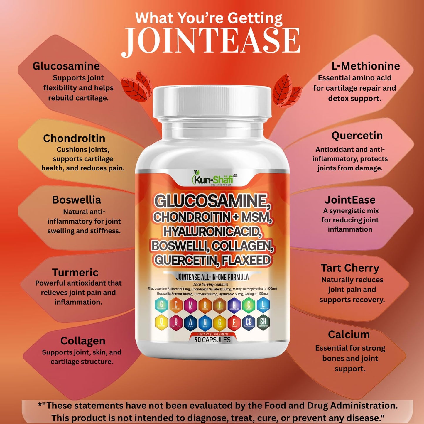 Kun Shafi JointEase – Glucosamine Chondroitin MSM with Hyaluronic Acid (90 ct)