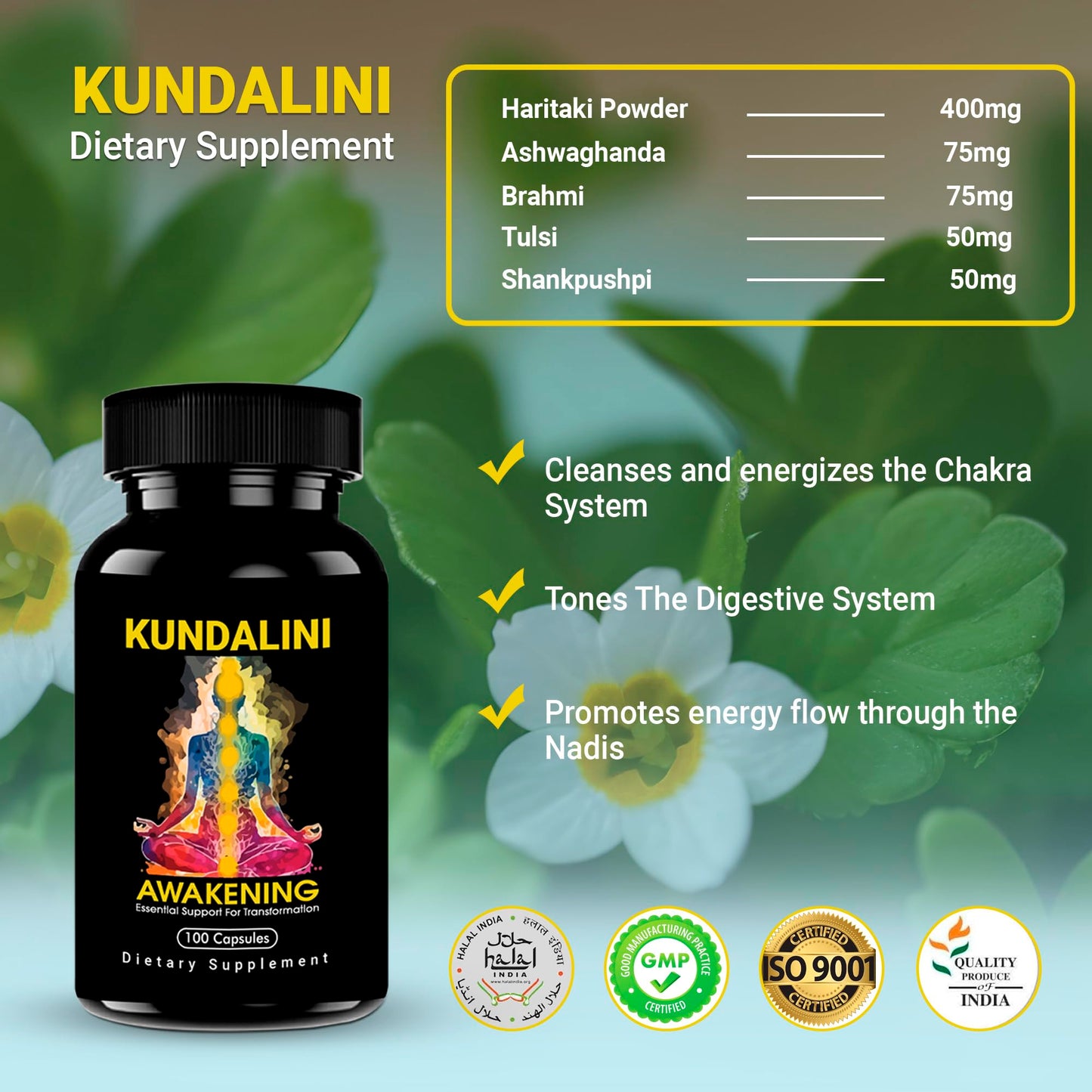 Kundalini Awakening Herbal Supplement – Ayurvedic Blend with Ashwagandha, Bacopa, Tulsi and Haritaki