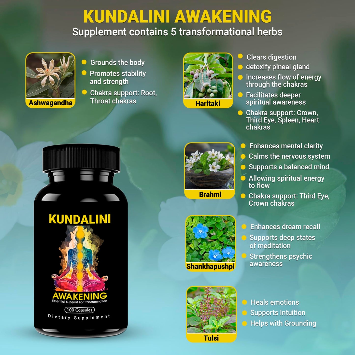 Kundalini Awakening Herbal Supplement – Ayurvedic Blend with Ashwagandha, Bacopa, Tulsi and Haritaki