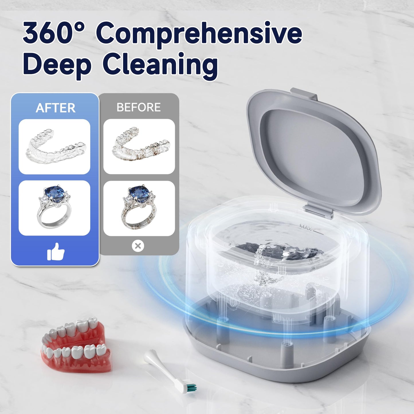 KUNPHY 46kHz Ultrasonic Retainer Cleaner – 7.5 oz for Dentures, Braces & Aligners (White)
