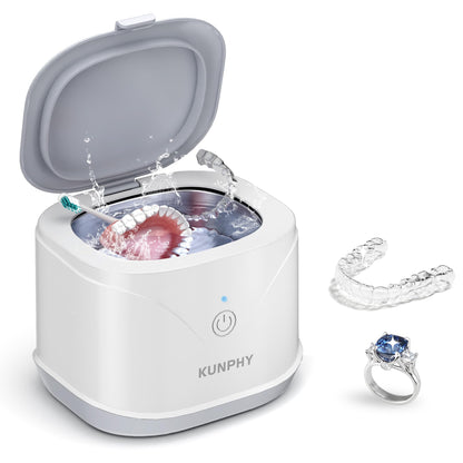 KUNPHY 46kHz Ultrasonic Retainer Cleaner – 7.5 oz for Dentures, Braces & Aligners (White)