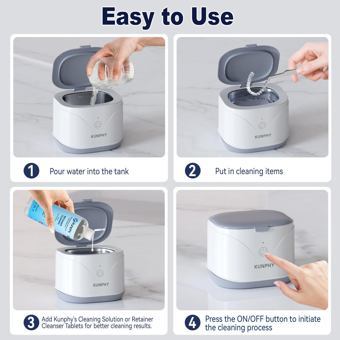 KUNPHY 46kHz Ultrasonic Retainer Cleaner – 7.5 oz for Dentures, Braces & Aligners (White)