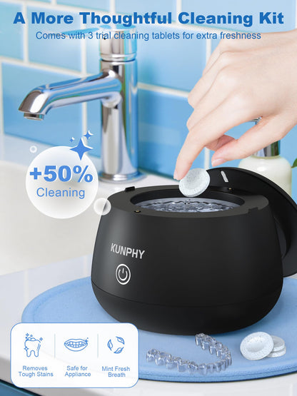 KUNPHY Dental Cleaner | Ultrasonic Retainer Cleaner 48kHz | UV + Tablet | Black