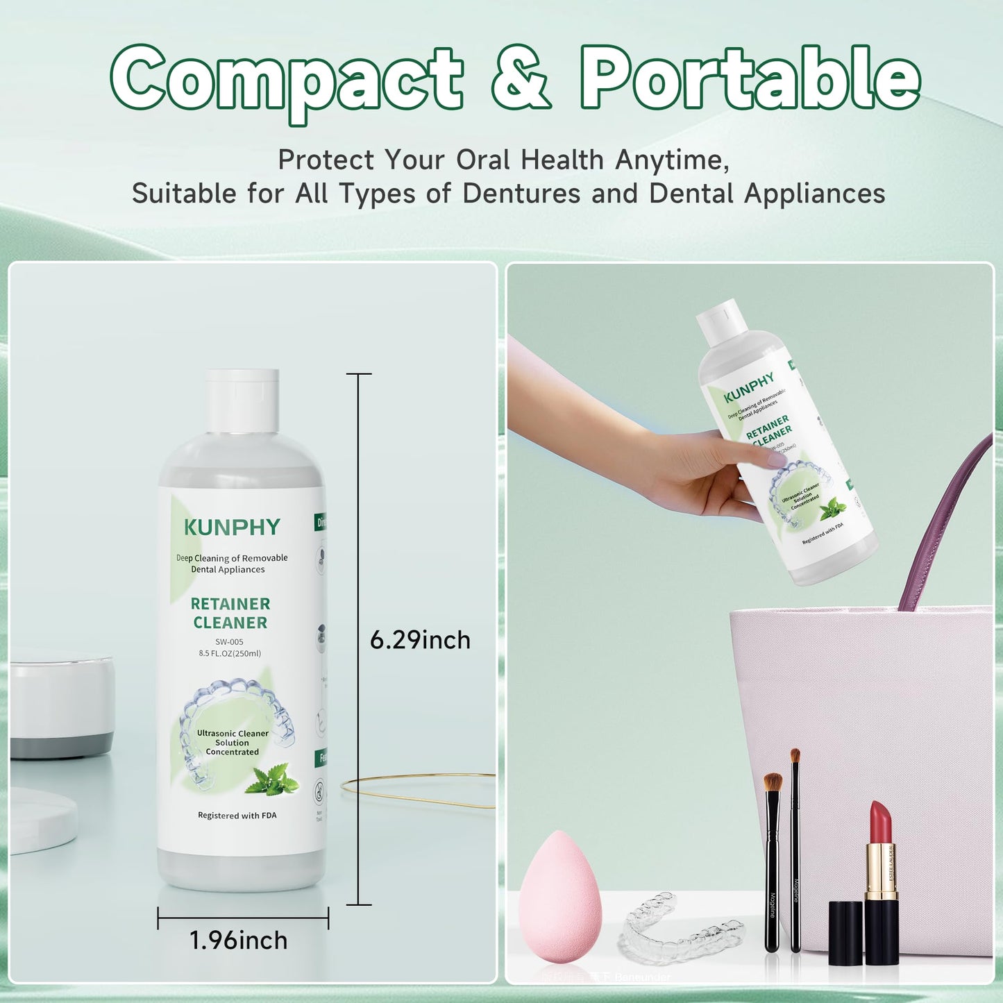 KUNPHY Ultrasonic Retainer Cleaner 8oz Mint – Professional Cleaning for Retainers, Dentures & Aligners