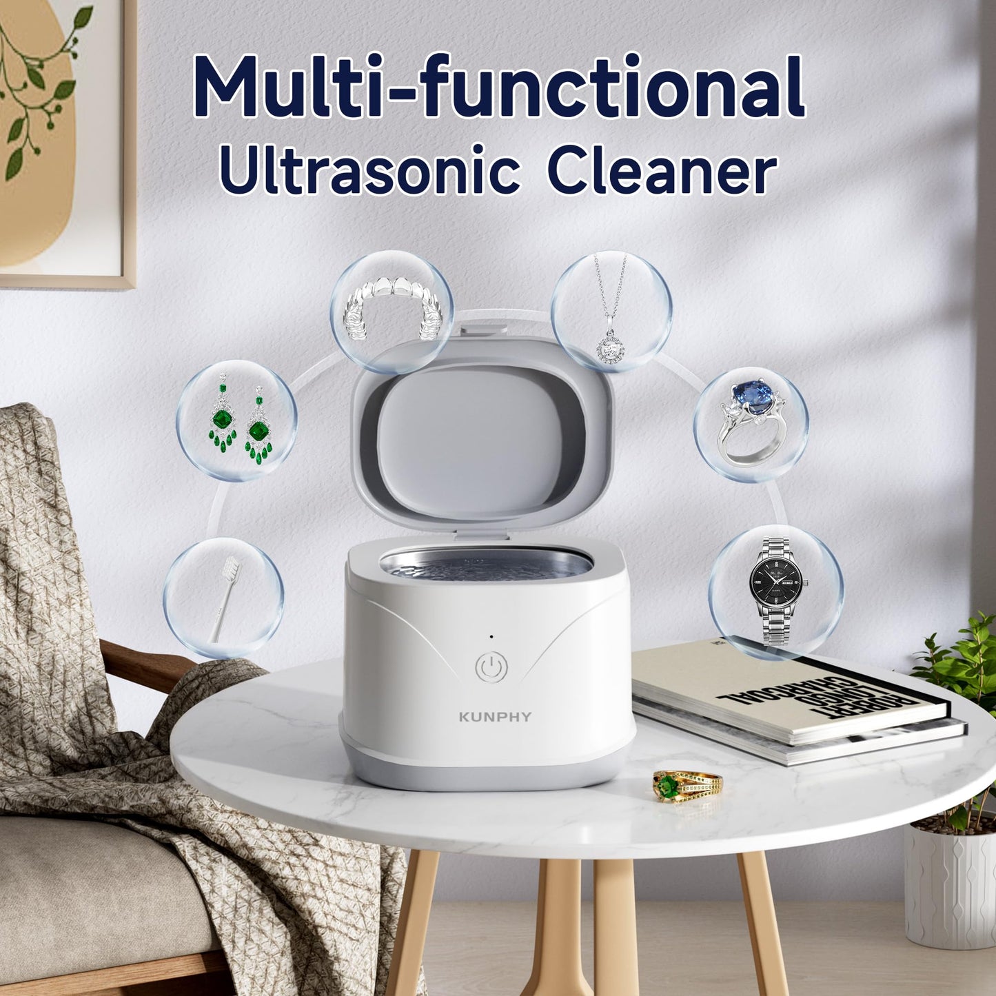 KUNPHY 46kHz Ultrasonic Retainer Cleaner – 7.5 oz for Dentures, Braces & Aligners (White)
