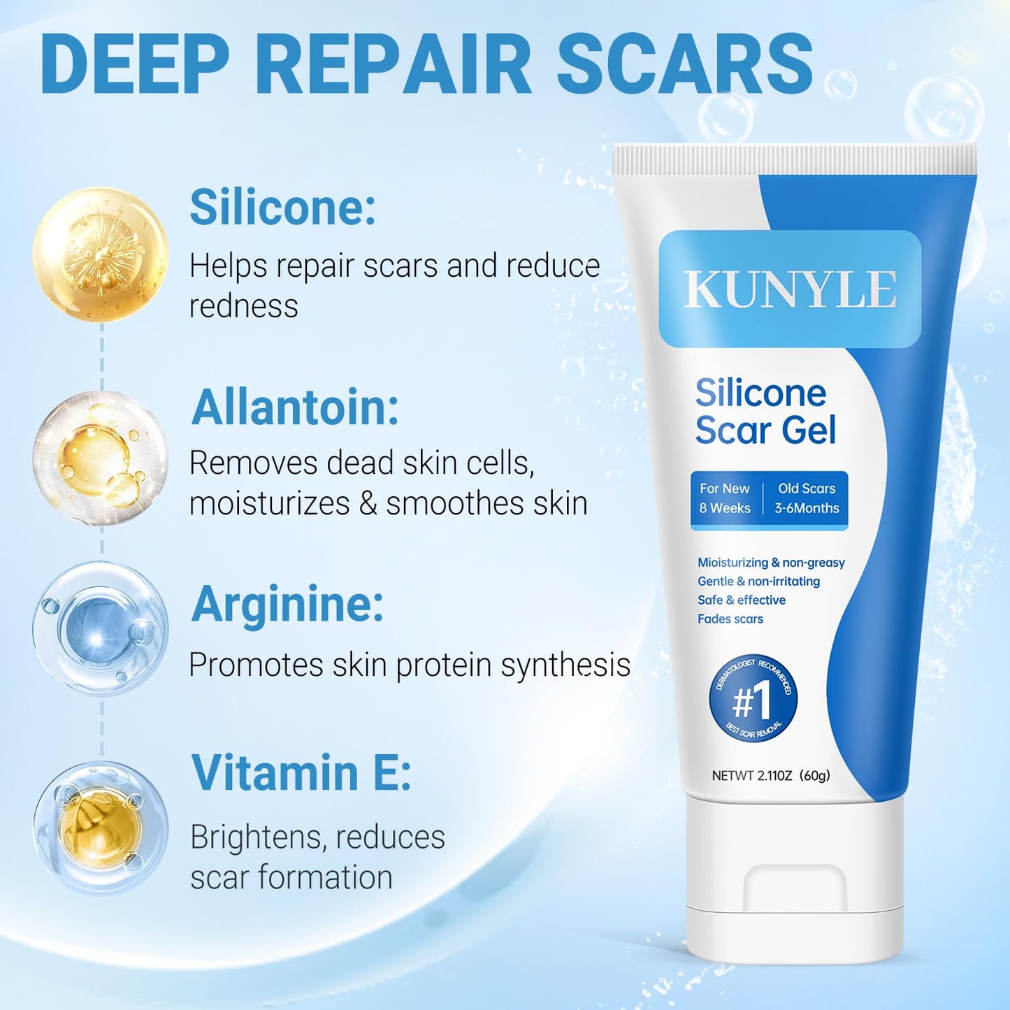 Kunyle Silicone Scar Gel – Advanced Scar Care for Surgical Scars, Keloids, and Stretch Marks | 2.11oz (60g)