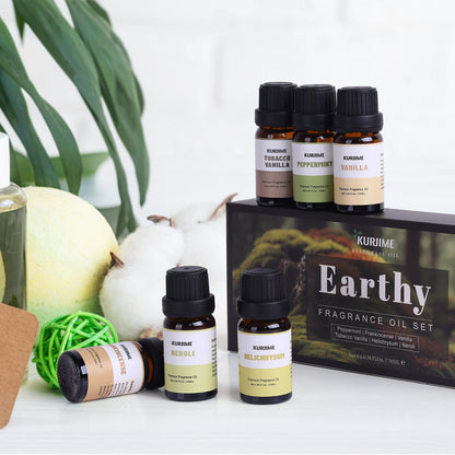 KURJIME Essential Oil Set – Earthy Fragrance Oils for Diffusers (6x10ml): Peppermint, Frankincense, Vanilla, Helichrysum, Neroli, Tobacco Vanilla